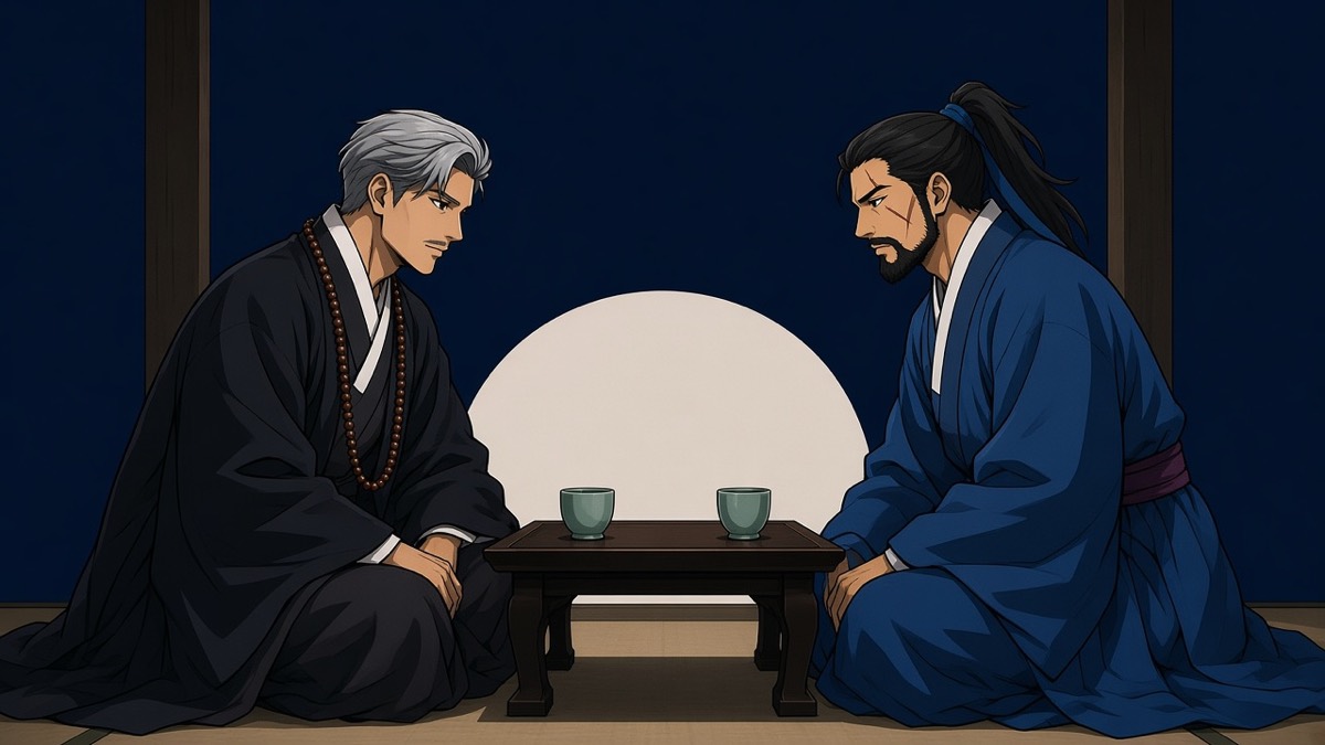 Across a low wooden table under a half moon — Bidam leaning in, Yushin kneeling, empty night behind the open 정자
