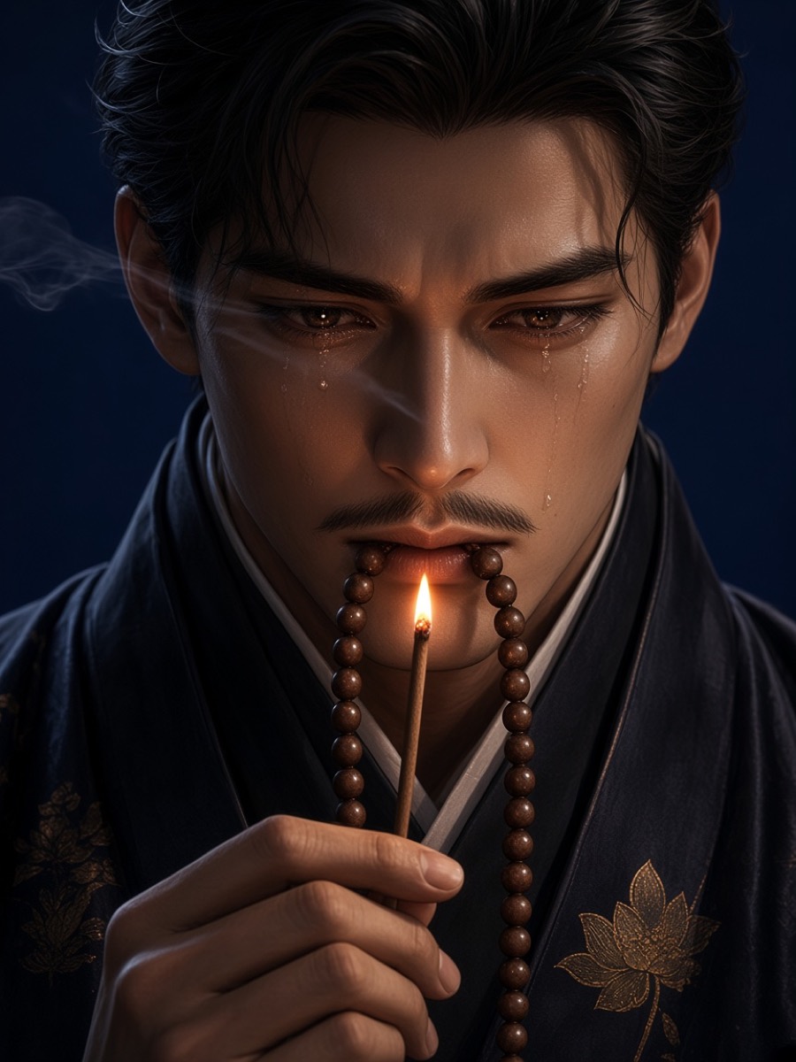 Close on Bidam at the rampart brazier — incense smoke across his eyes, beads at his mouth, the decision already made
