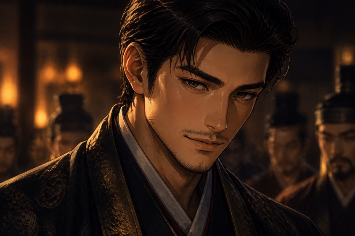 Young Bidam fills the night council — black-robed, almost smiling, the room behind him a blur of sleeves