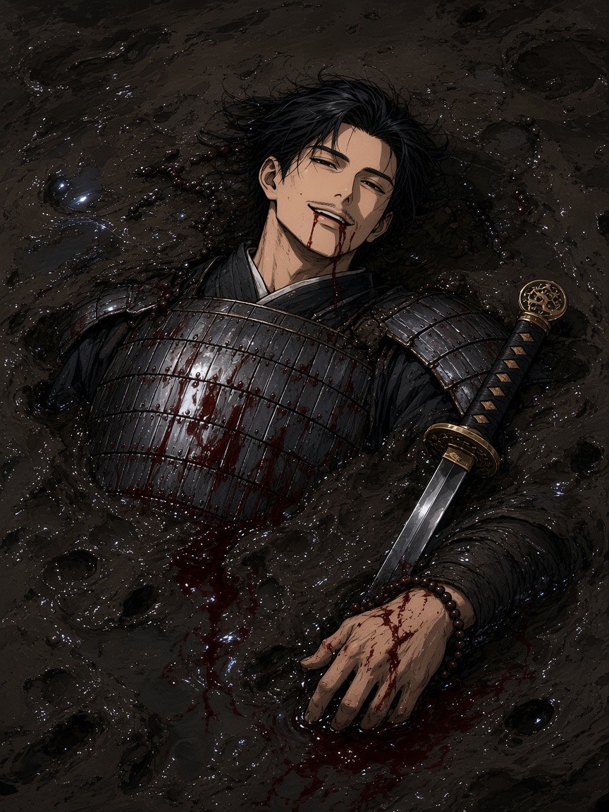 Straight down: Bidam dead in the black mud, his prayer beads scattered, blood filling the hoof-prints