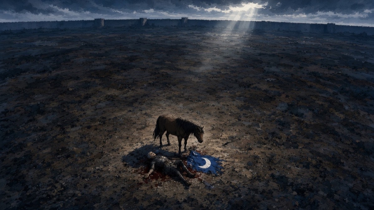 High above a scorched empty field under the Radiance wall, Bidam lies dead with his riderless horse standing over him