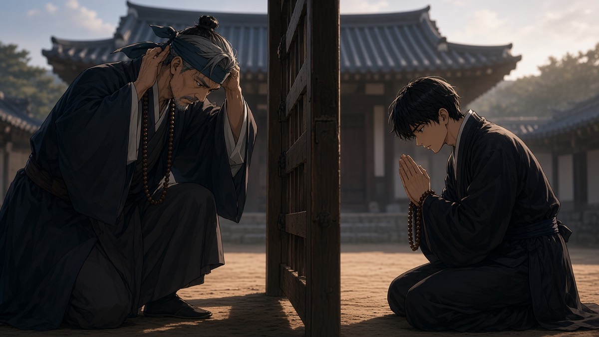 Young Bidam kneeling on packed earth; his father stoops, beads in the sleeve, navy hall behind