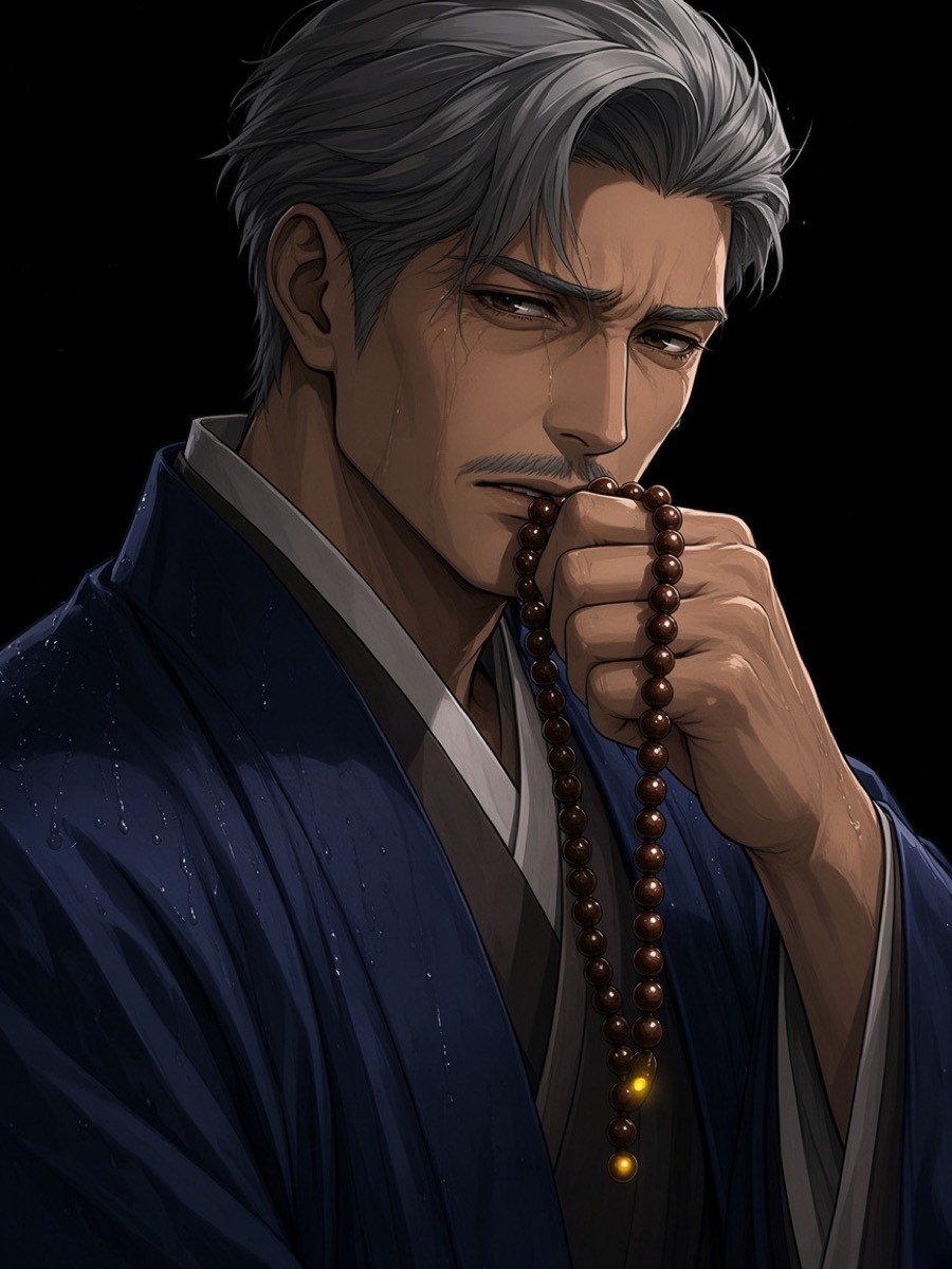 Bidam mid-slur, the 108-bead cord straining white in his fist — a Buddhist saying the unforgivable