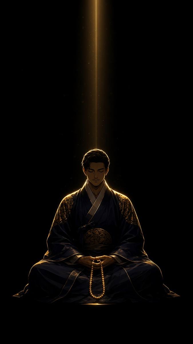 Bidam seated in lotus under a single gold incense shaft in a black void, 108 beads catching the beam