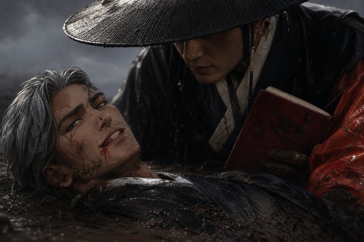 Bidam still smiling in the mud as Kangrim leans in — ledger open, the name said three times