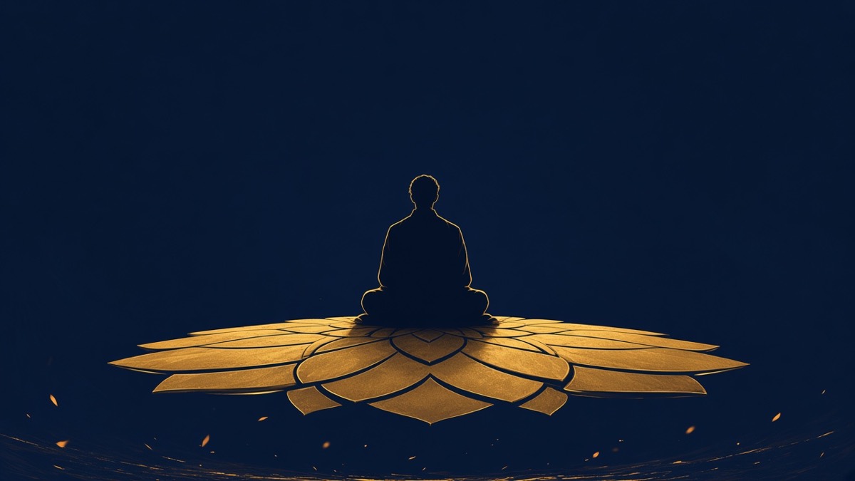 Tiny Bidam seated on a vast gold lotus disc in navy haze — siege fires as specks