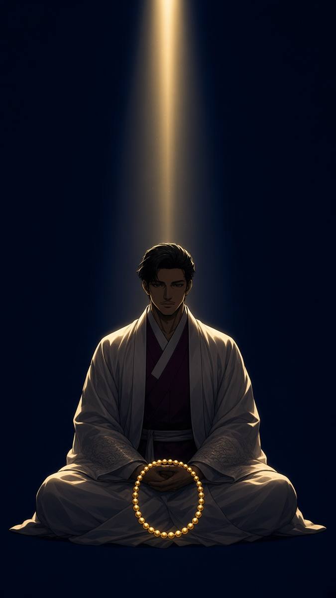 Bidam sitting in lotus in a navy void, 108 gold beads and a lotus-gold shaft the only light