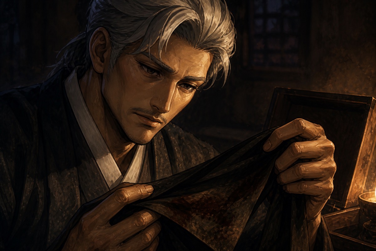 Bidam alone by lamplight, holding the old black headband with its blood gone brown — he no longer remembers whose