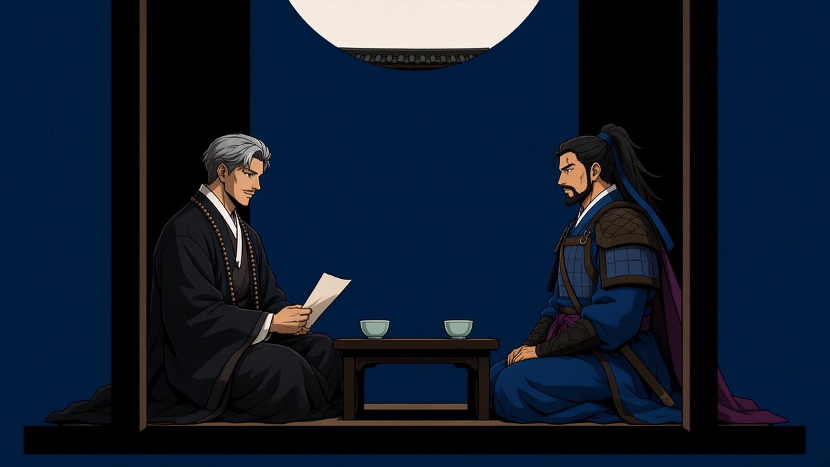 Two pavilion posts, a low table, a half moon cropped by the eave — Bidam with a draft, Yushin kneeling