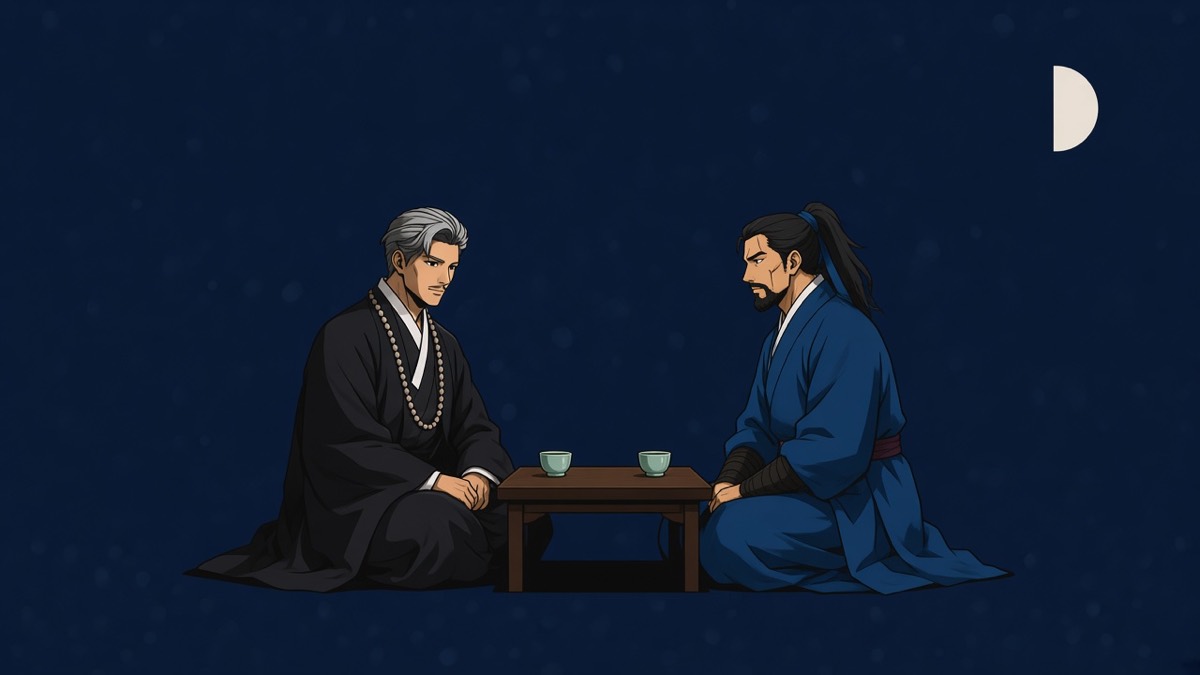 Tiny open 정자 under a half moon — Bidam and Yushin on the floor at a low wooden table, empty night sky