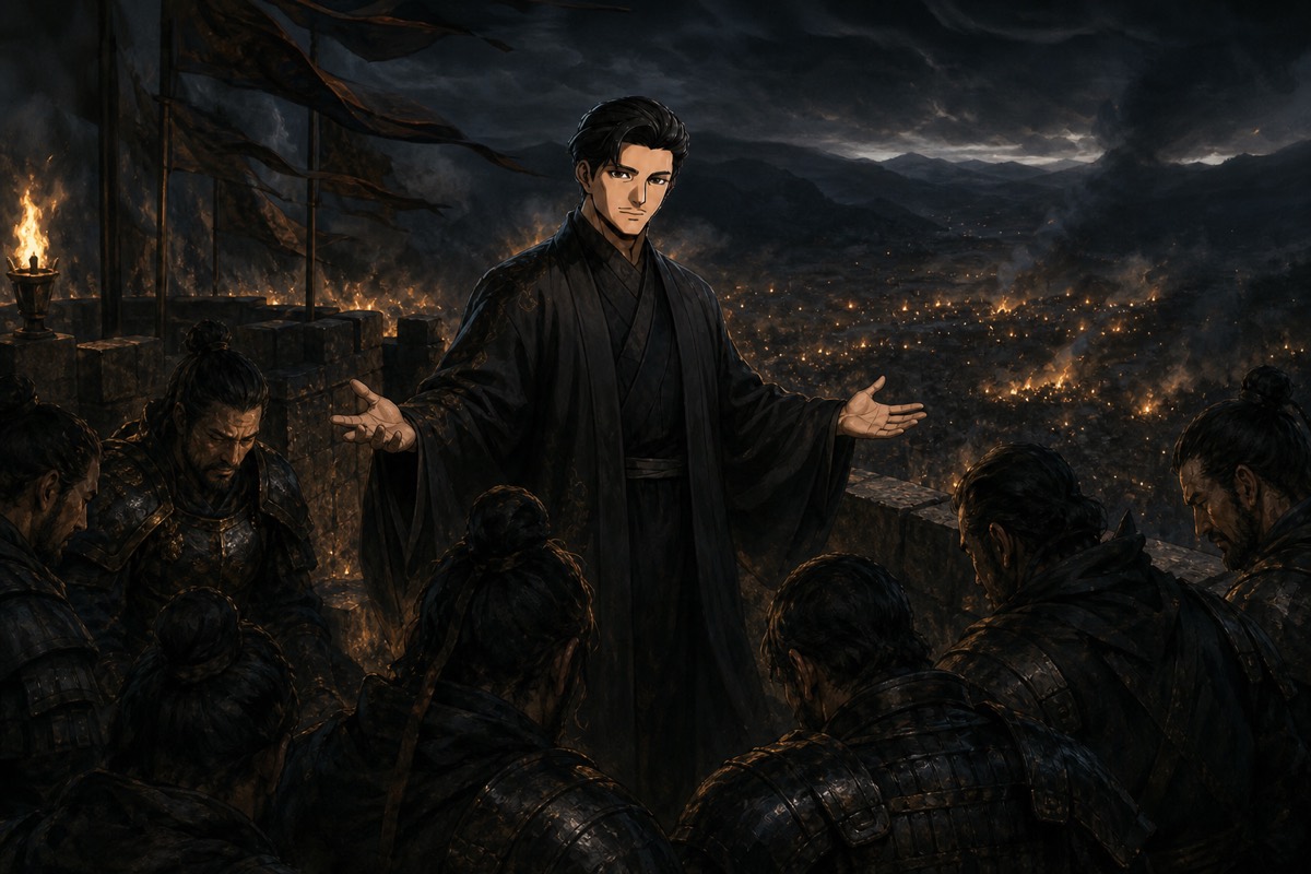 Bidam addresses his officers from the night rampart of Radiance — they expect a battle plan and receive a confession