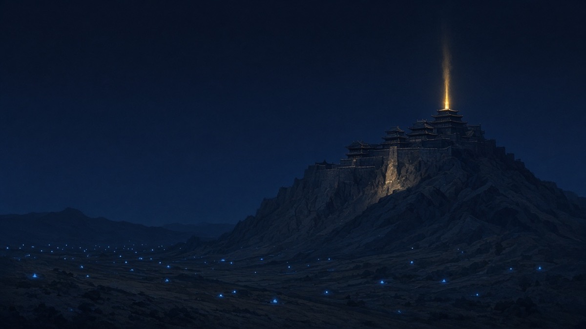 Wide Myeonghwal / Radiance keep at night: one gold incense column, blue Silla fires below