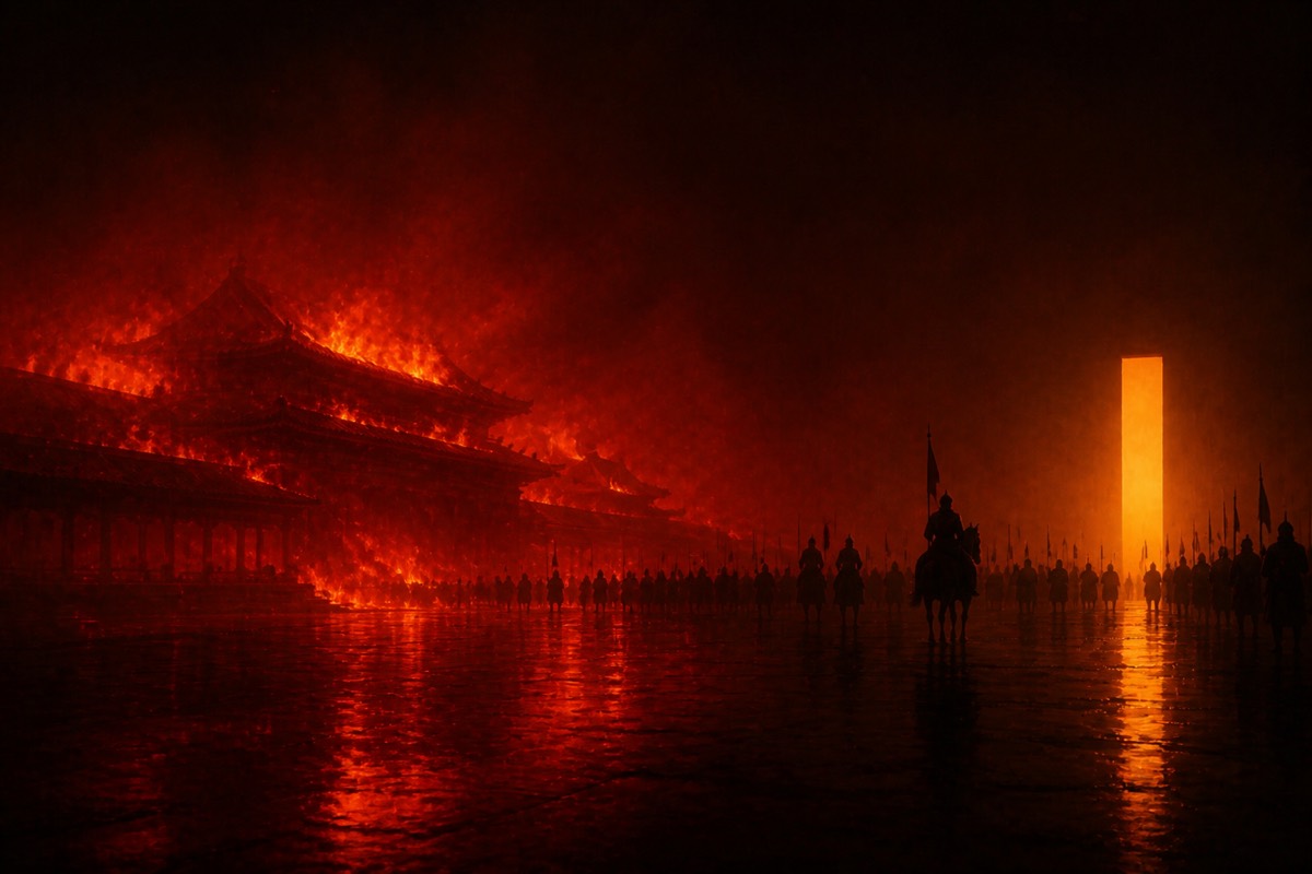Surabol Son halls as a red plane of fire — tiny figures, wet black ground, one order hanging in the haze