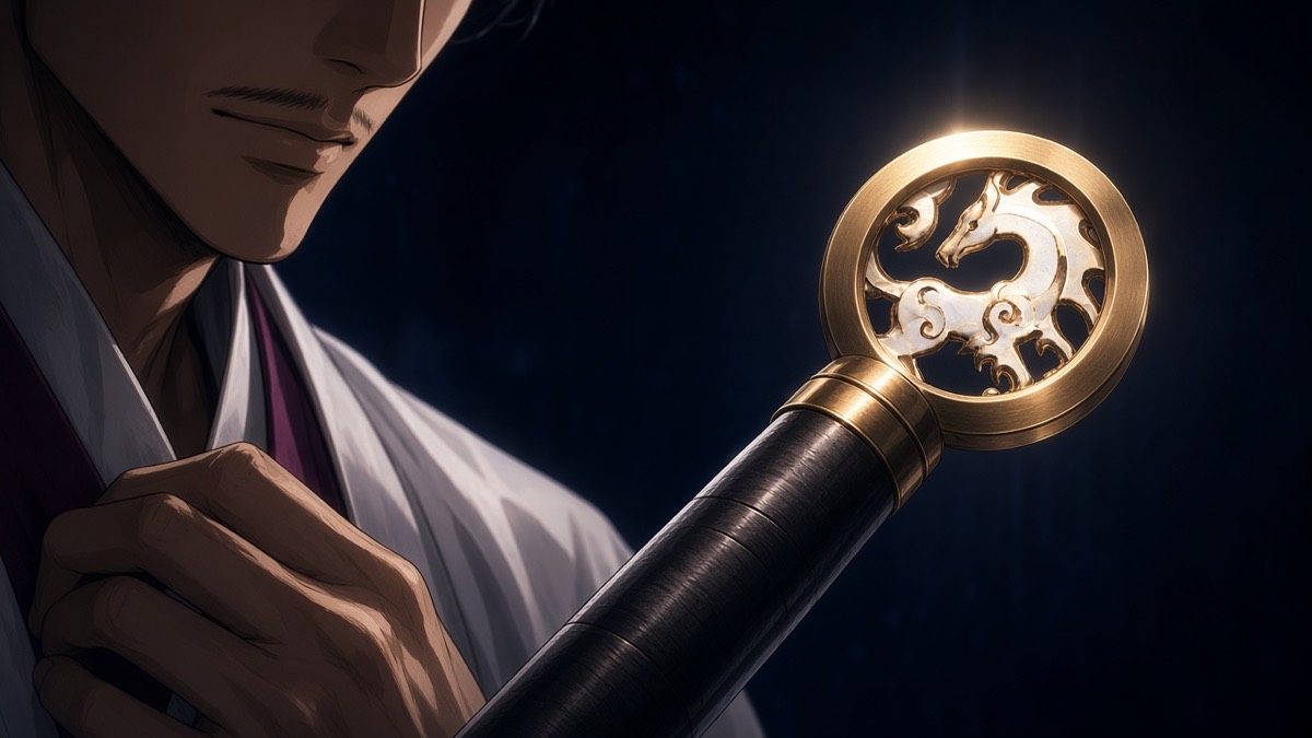 Dark close: Bidam’s jaw and the glistening gold ring pommel — white horse inside the ring