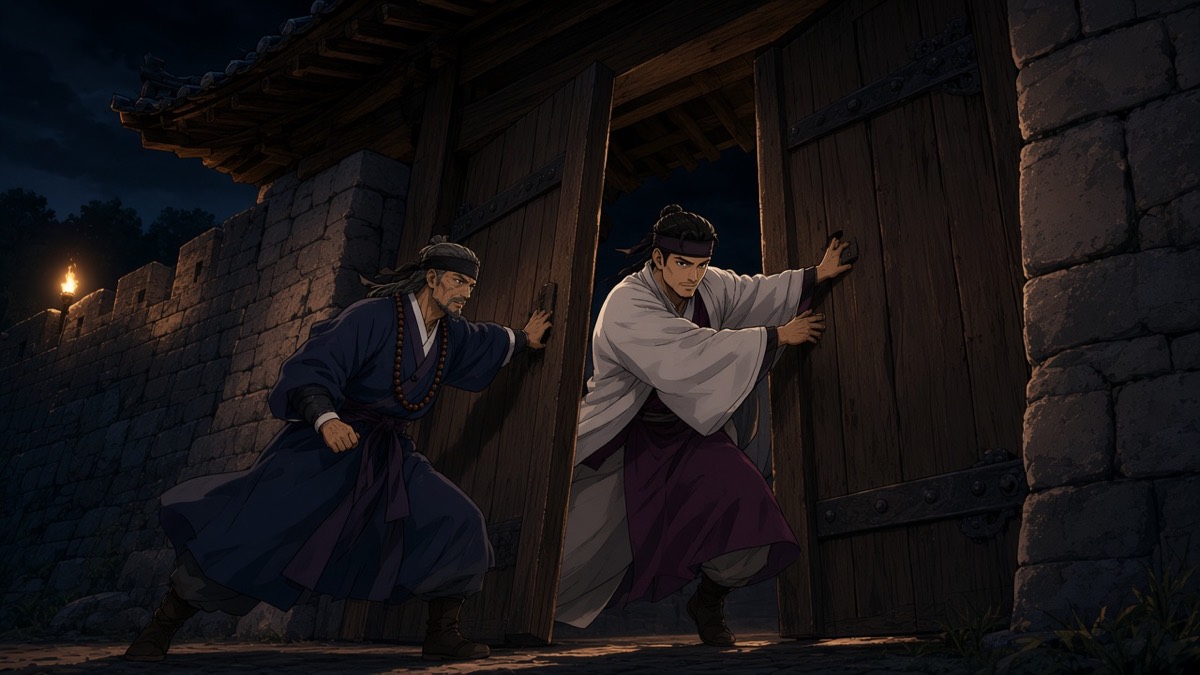 Minimal iconic 16:9 DUTCH. Camera at the timber gate of the attached Radiance fo