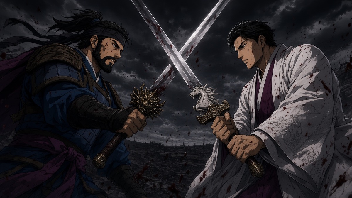 Minimal iconic 16:9 WORM’S-EYE between the camps. Bidam and Yushin mid-clash — d