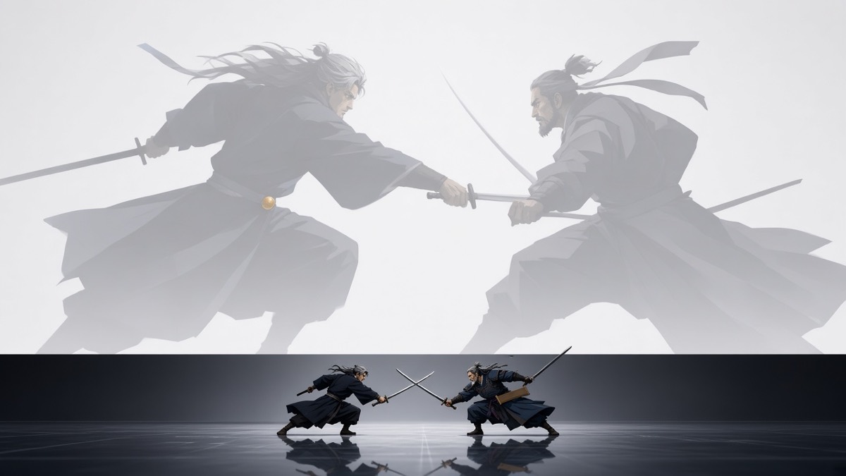 Low strip of two older duelists in haze — Bidam navy, Yushin blue, one gold bead, one blank tablet
