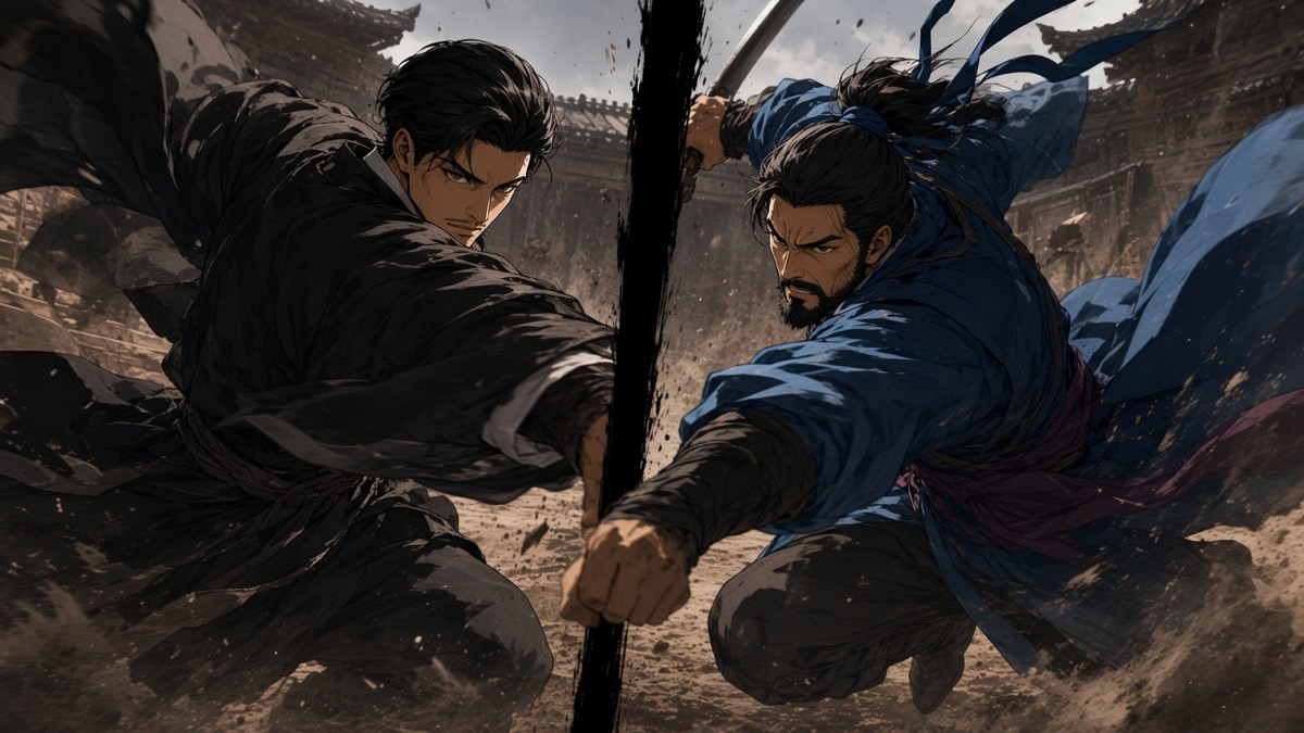 Intimate 16:9 WORM’S-EYE. Prime-age Bidam and Marshal Yushin mid-duel on the yar