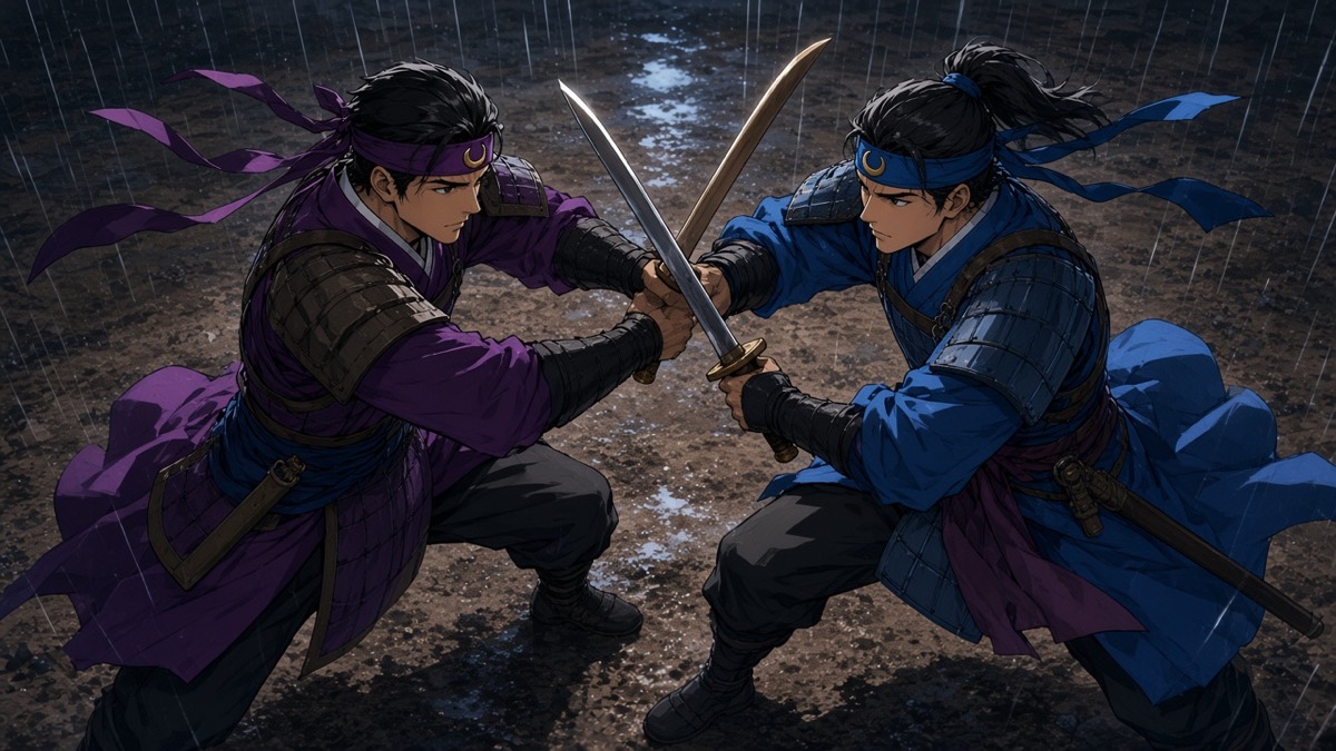 Intimate 16:9 DUTCH. Yard after rain. Two young Hwarang aged ~20 mid-clash with 