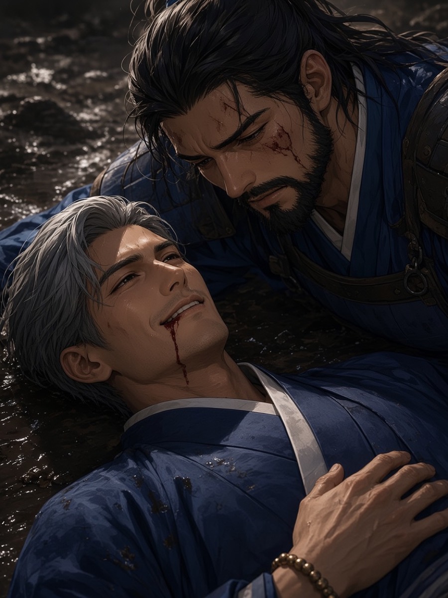 Last look: Bidam's bloodied face and Yushin's a hand's width apart in the mud — neither of them a marshal or a councillor