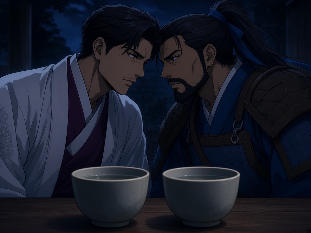 Intimate 4:3. TWO cold tea cups as a hard horizontal bar in the foreground. Abov