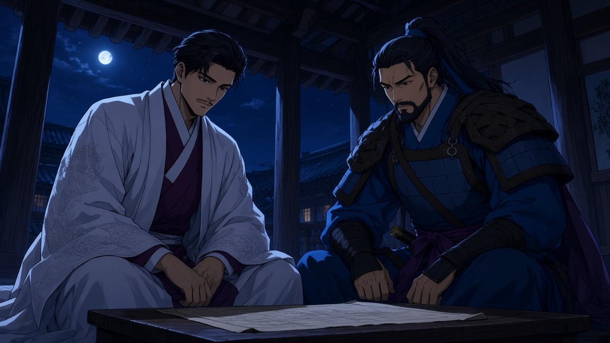 Minimal iconic 16:9 DUTCH. Same open 정자, low table, a map unrolled as a pale har