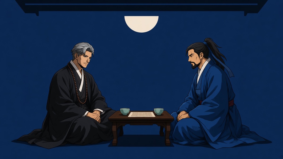 Pavilion eave as a lid, low table under a half moon — Bidam and Yushin on the floor, empty night