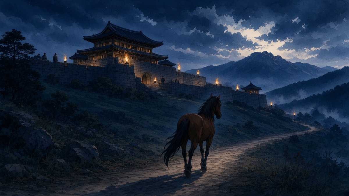 At dusk a tiny riderless horse walks north up a valley road below the dark wall of Radiance Fortress