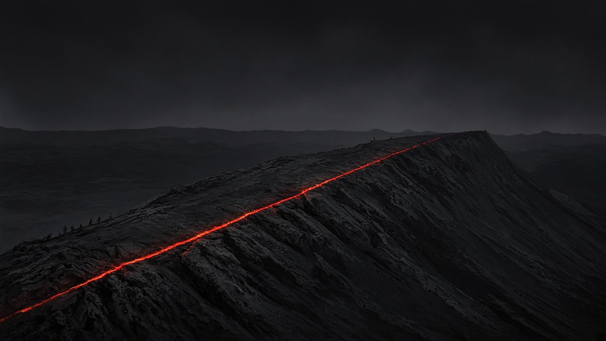 Wide black volcanic ridge: one red lava-seam, tiny myth-specks