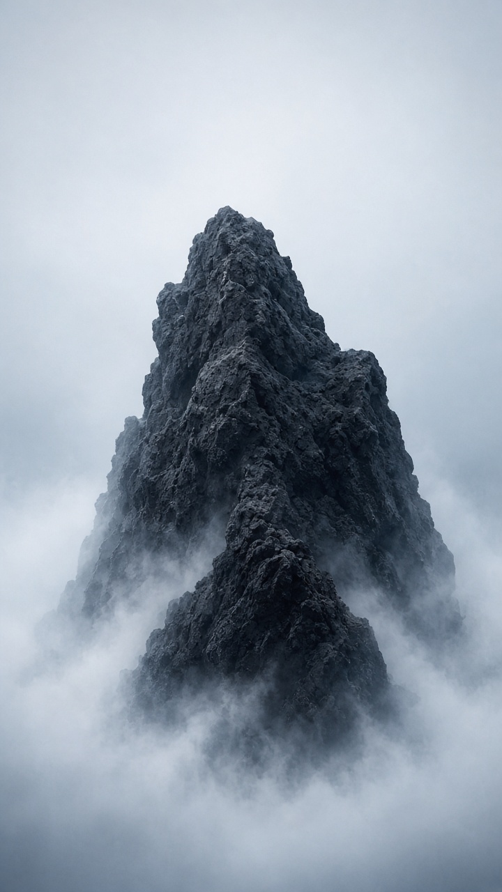A massive black volcanic rock emerging from ocean mist - where warriors train