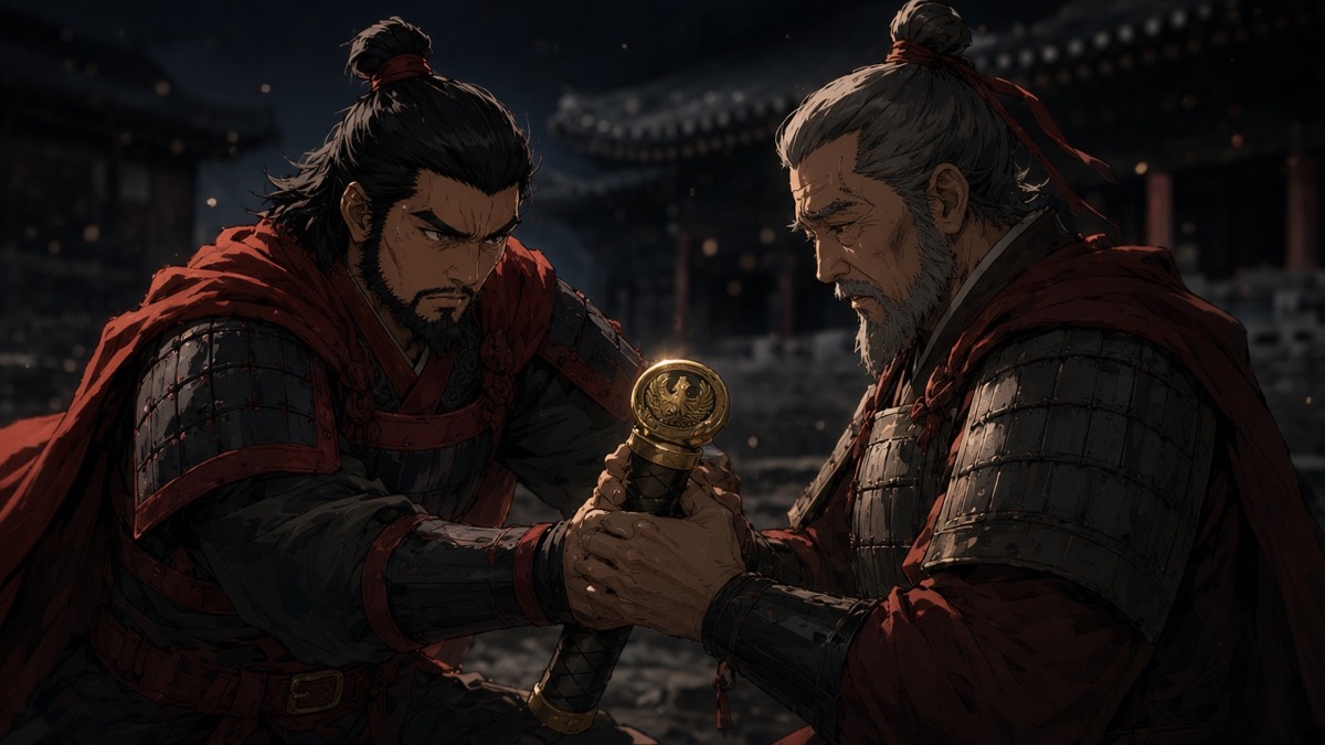 Close dutch: Gesomun taking Yeon Gusesa’s haetae ring-pommel — elder kinsman, soft voice gone