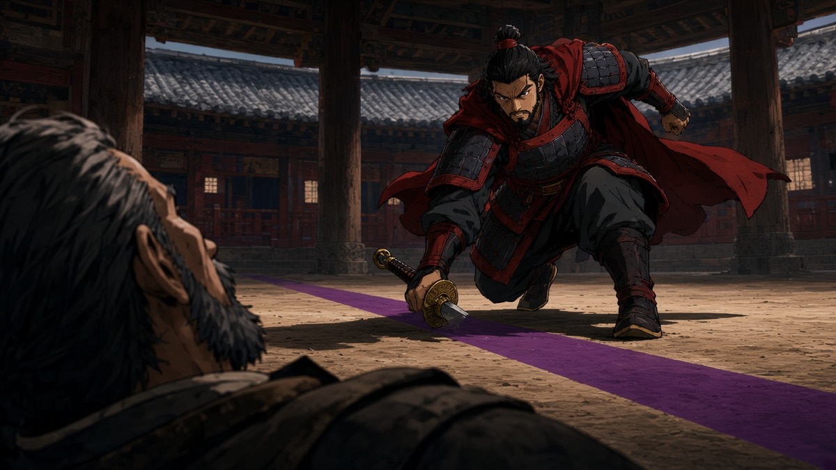 OTS: Gesomun taking Go Heumsong’s western crow — violet #7a6b8a seam toward the Liao dark