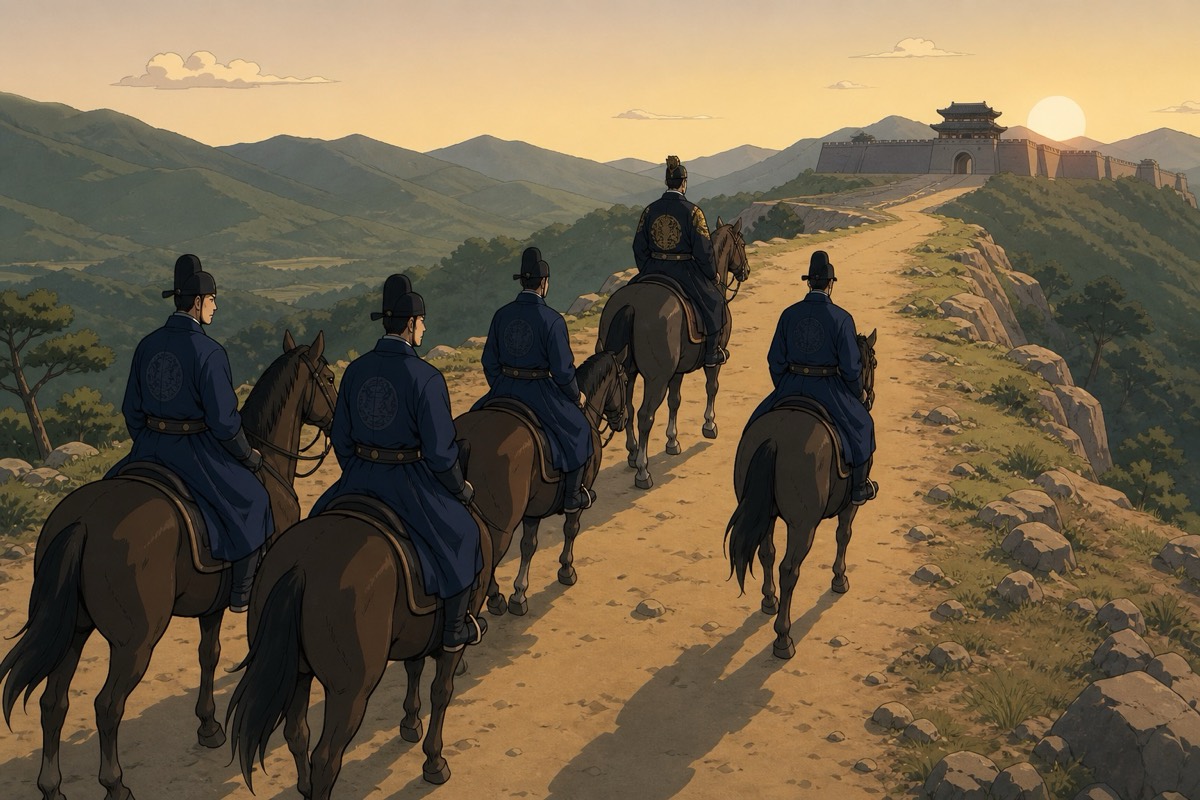 Five attendants riding south with Euija — two more than left Sabi, and nobody raises the subject