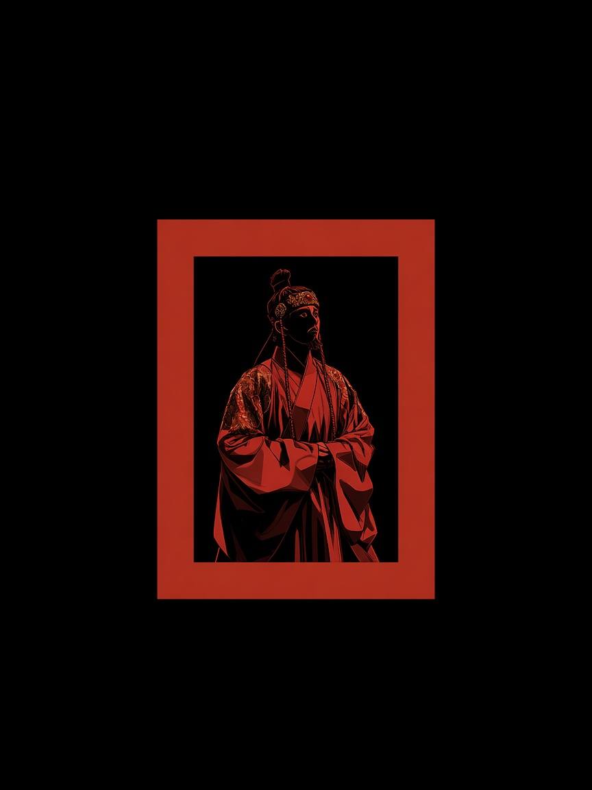 King Bojang sitting small inside a hollow rust-red throne-frame in a black void