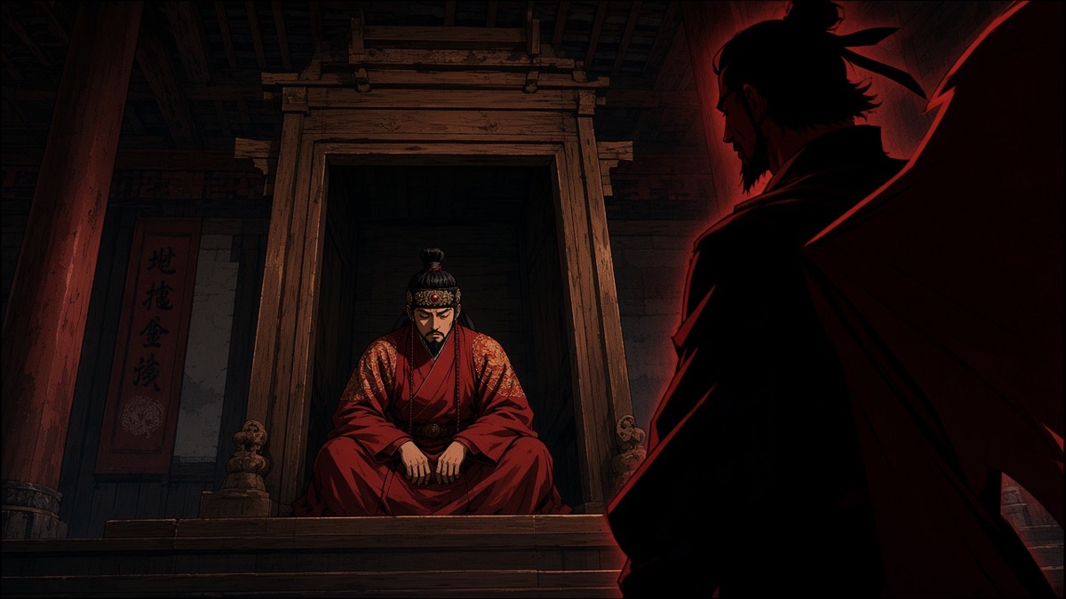 Dutch: small Bojang on a hollow dais; Gesomun a dark red-wing silhouette at the edge
