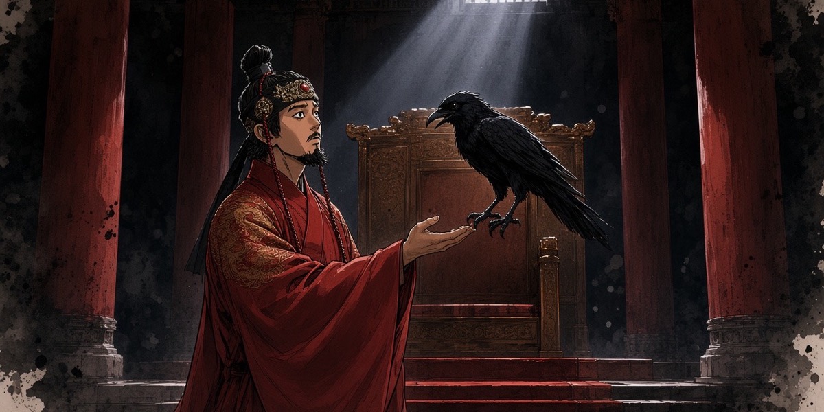 Poster key art: King Bojang alone in the empty throne hall at night timidly offers his hand to the three-legged crow perched on the throne