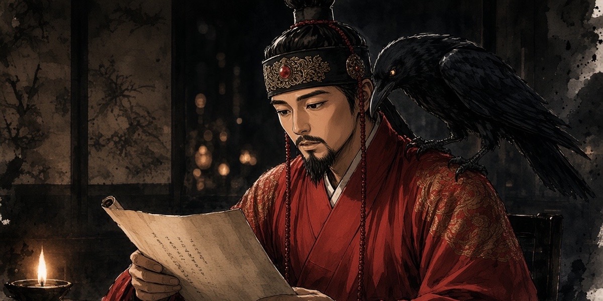 Poster key art: King Bojang reads a letter by lamplight while the three-legged crow on his shoulder peers at it with him