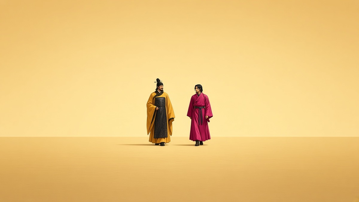 Two small figures walking toward each other on a vast pale-gold empty hall — smiling, no kowtow