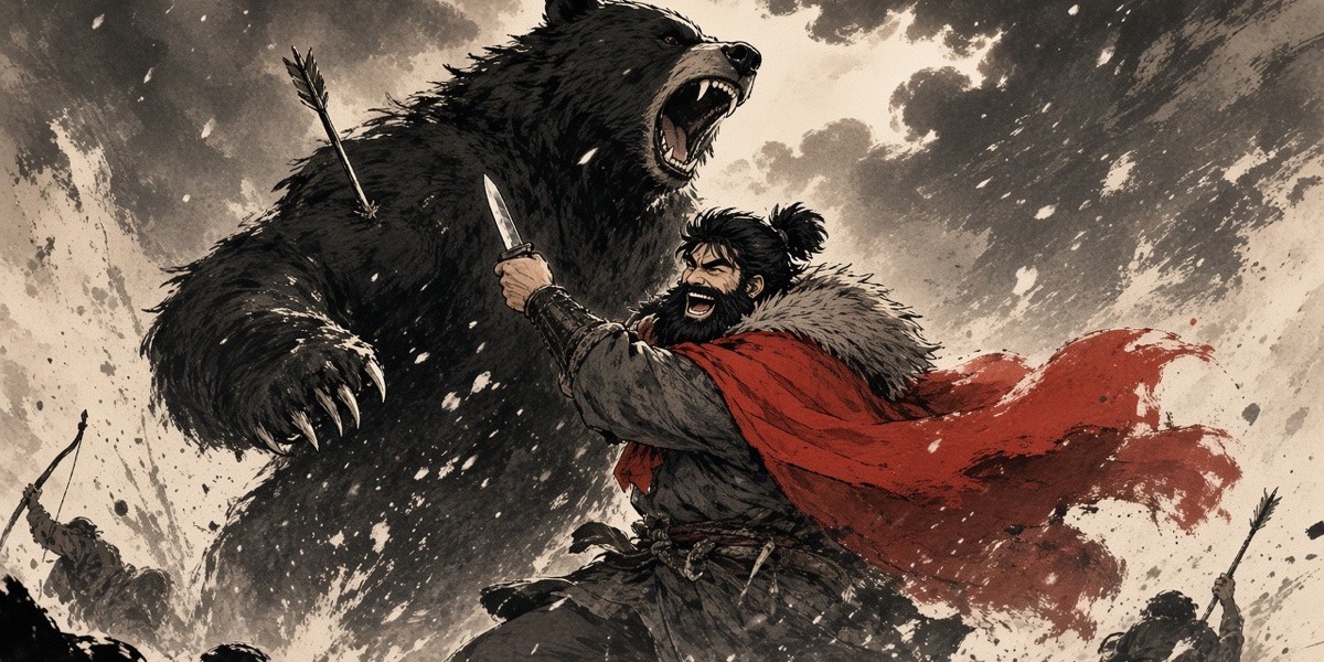 Abe no Hirafu wrestles a rearing black bear in the snow of the cold north, knife in hand, arrows in its hide
