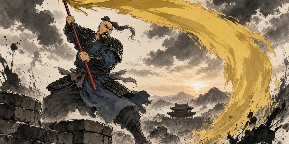 Gwishil Boksin swings the great restoration banner on its red shaft from the wall of Juryu at dawn