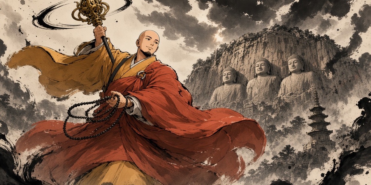 Dochim whirls his ringed staff before the smiling stone Buddhas and the pagoda of a Baekje temple