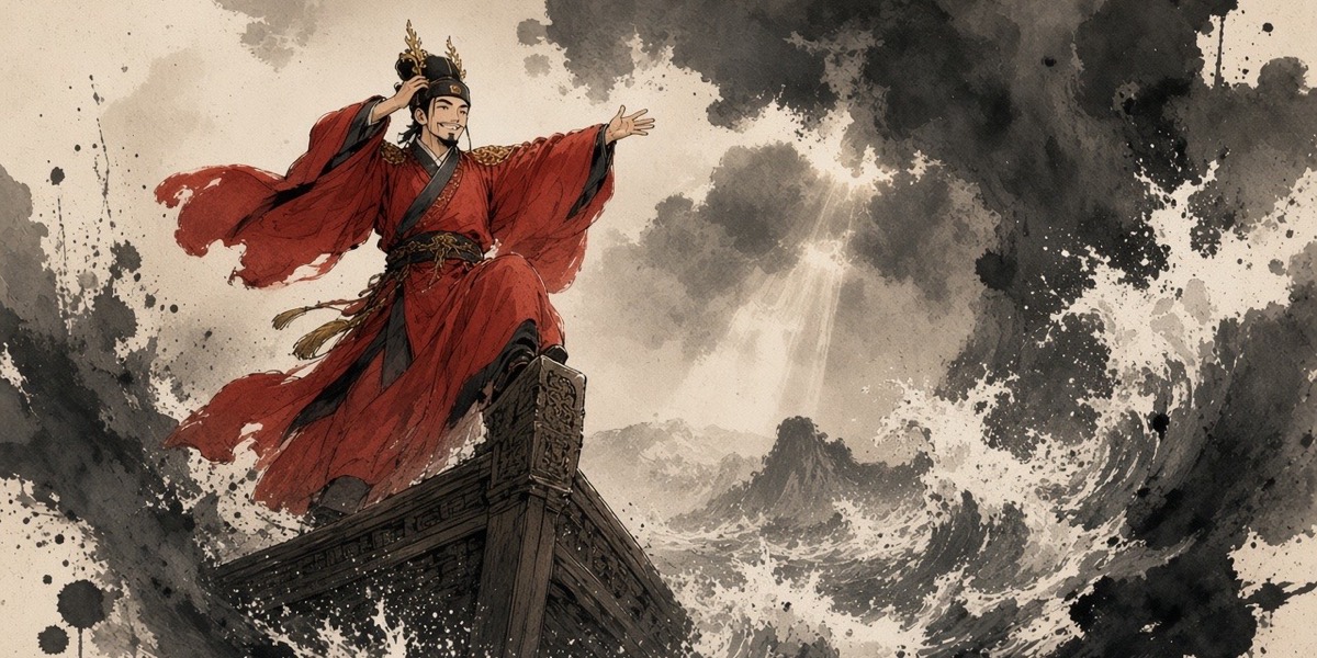 Pung at the prow of a Yamato ship arriving off the Baekje coast, one hand holding his new crown on against the wind