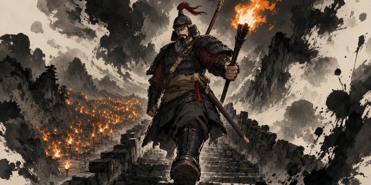 Heukchi Sangji climbs the ramparts of Imjon as a river of thirty thousand torches pours up the mountain behind him