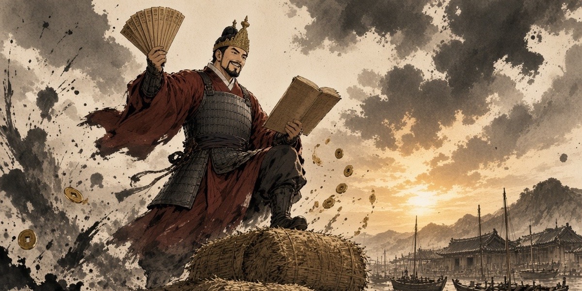 Satek Sangya stands on a mountain of rice bales in the Satek harbour, flinging tally slips into the air while coins arc around him