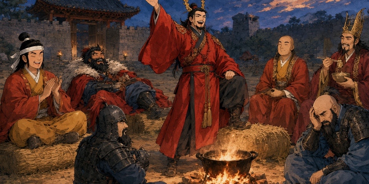 The third pose: Pung alone finally nails it while the others sit around on the rice and the rocks