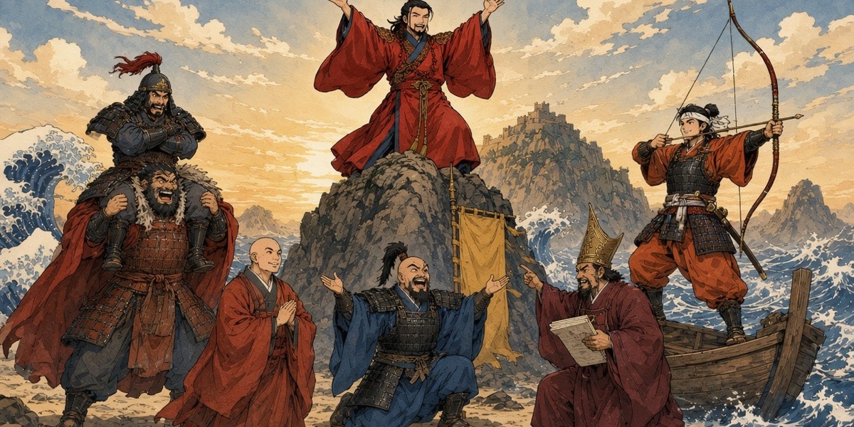 The second pose: Pung on a rock in the middle, everyone pointing at him, Abe hoisting a furious Sangji off the ground for symmetry
