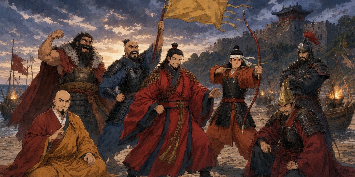 The first group pose: the Baekje Restoration Army strikes a formation around King Pungjang on the shingle, half of them getting it wrong