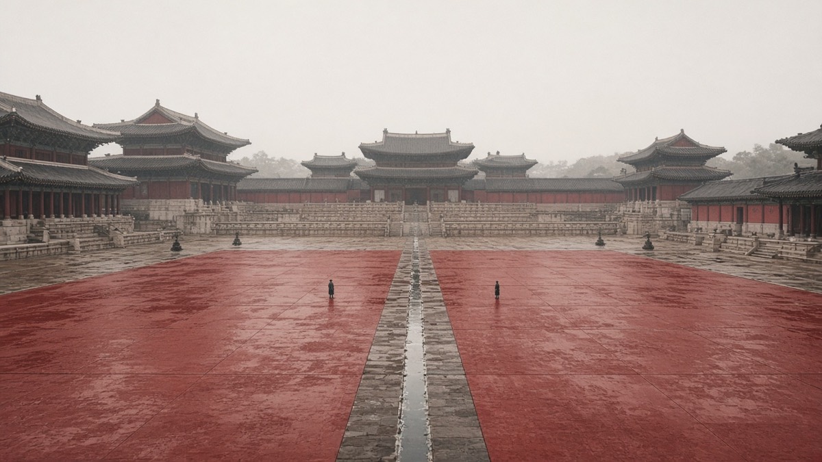 Wide Pyongyang inner court: one red split-floor, two tiny brother-specks