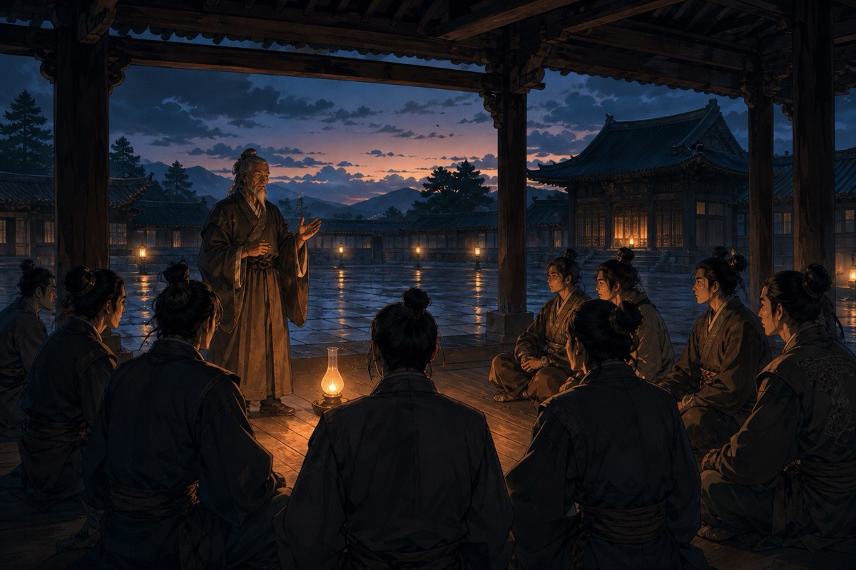 Yushin recites the Five Principles to the flower youth under the eaves at dusk