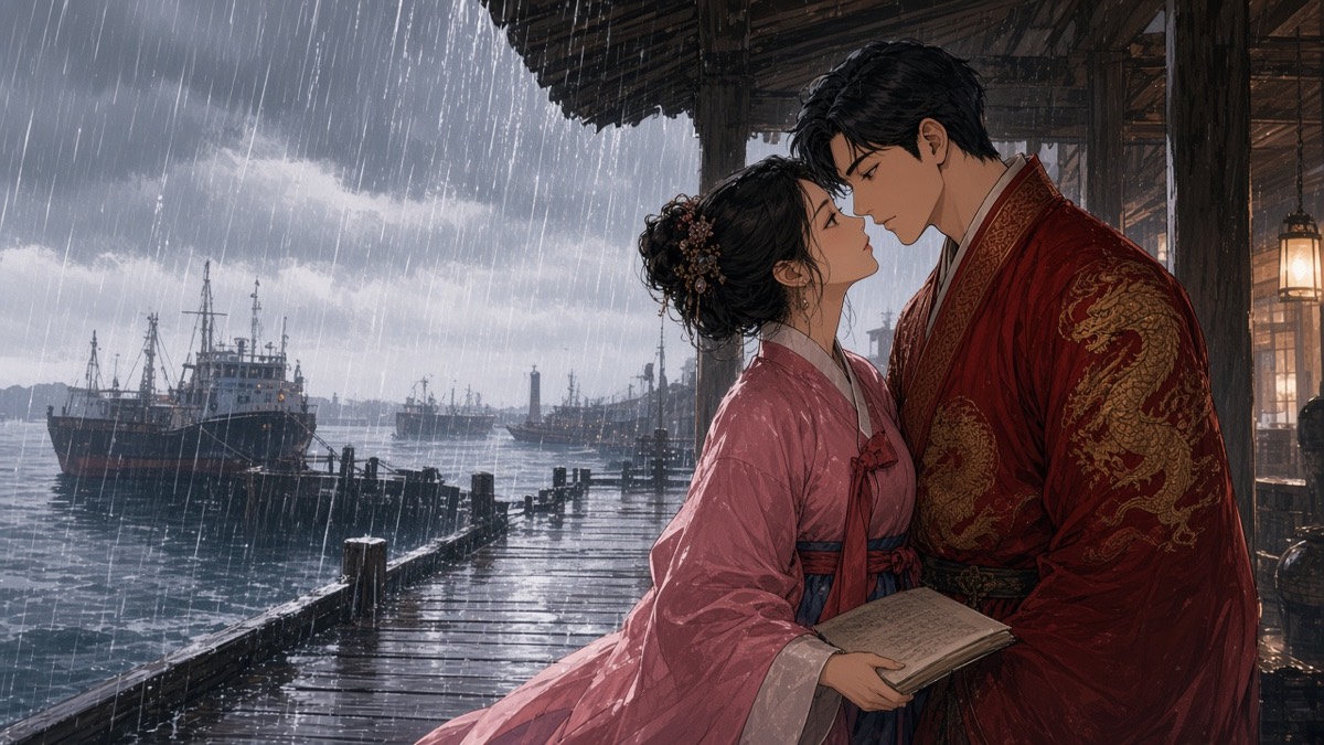 Bupmin and Jahee under a rain-eave at the quay — almost a kiss, a wet ledger in her hand